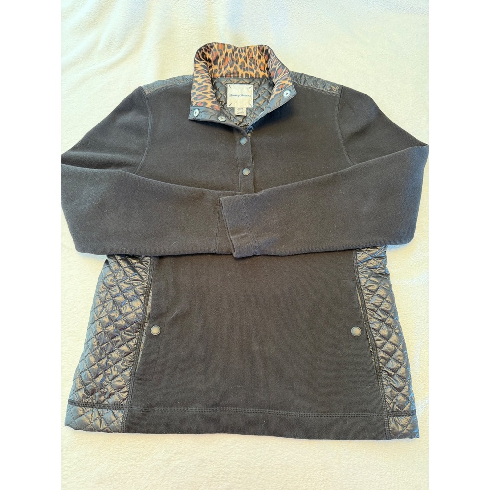 Tommy Bahama Womens Black Quilted Mixed Media Pullover Leopard Collar M